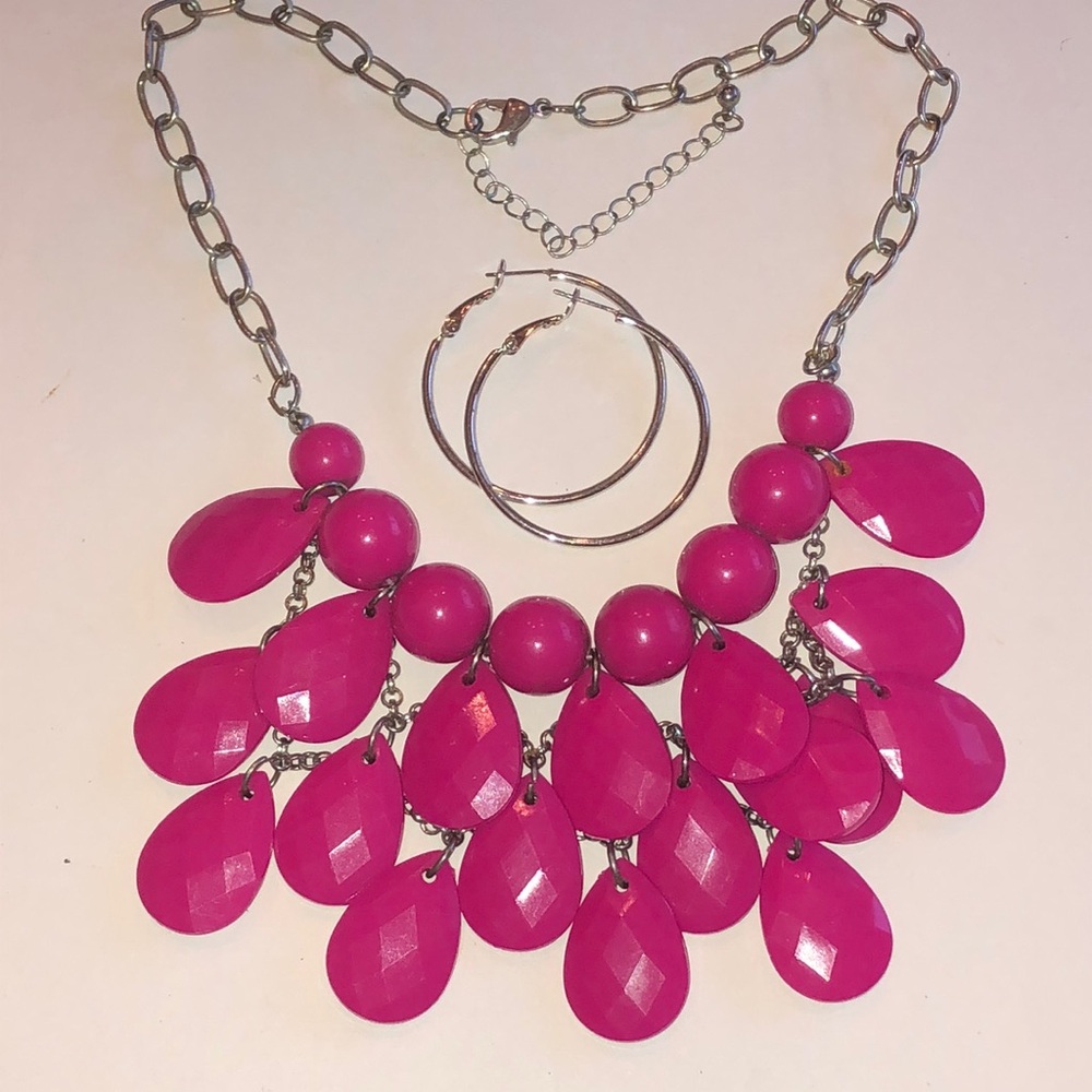 Pink Retro Bib Statement Necklace and Silver Tone Hoop Earrings Set